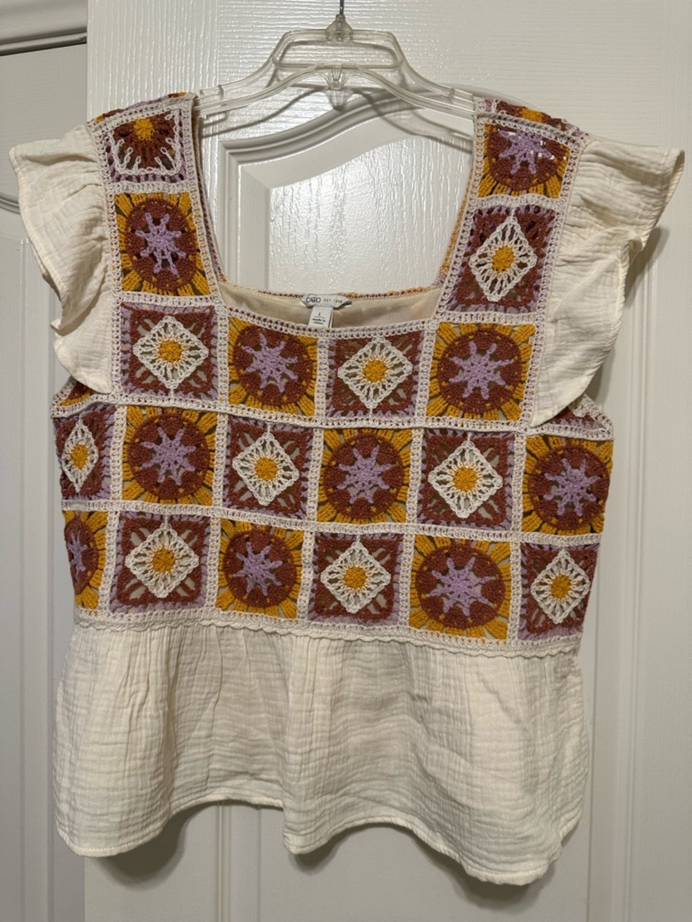 Cato Crochet Square Panel Peasant Top - Cream with Mustard & Lavender